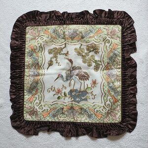 VTG GoldenCloud Pillow Cover Bird Flower Fish Silk Rayon Embroidered Ruffle